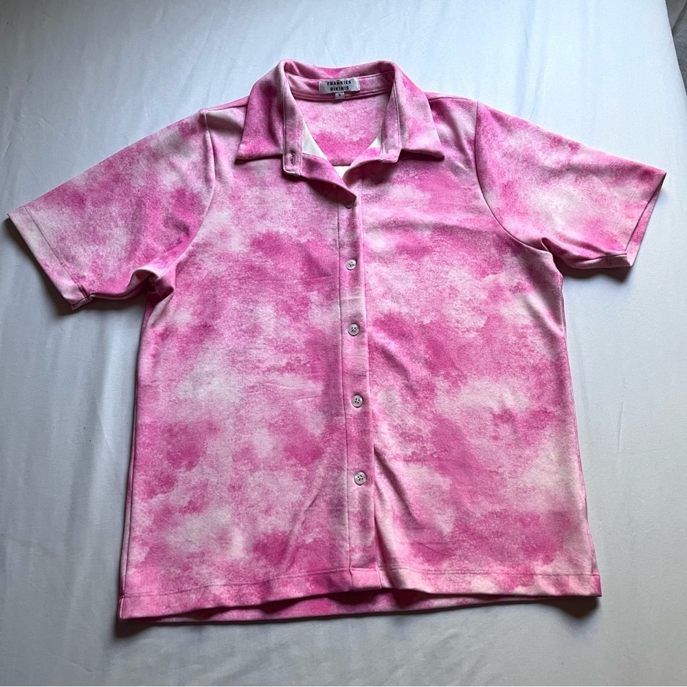 FRANKIES BIKINIS pink tie dye knit‎ short sleeve button up shirt